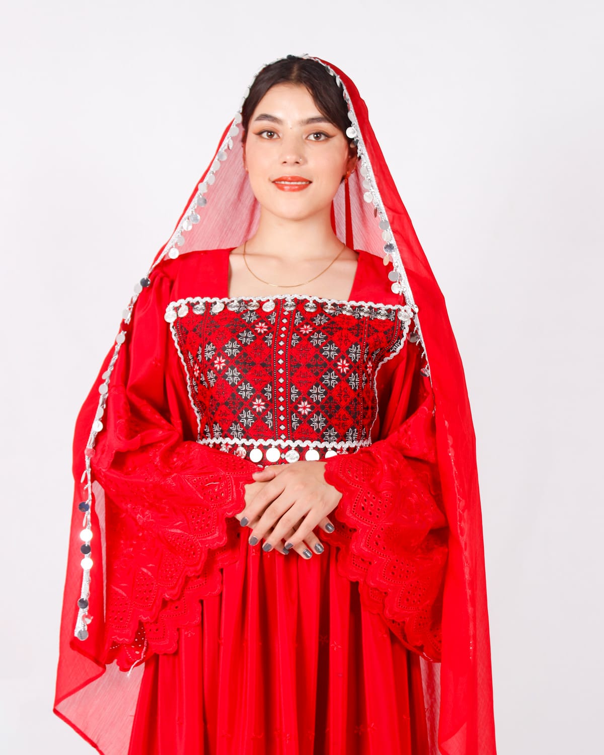 Duamina Red Long Afghani Dress with Yakhan Embroidery 5