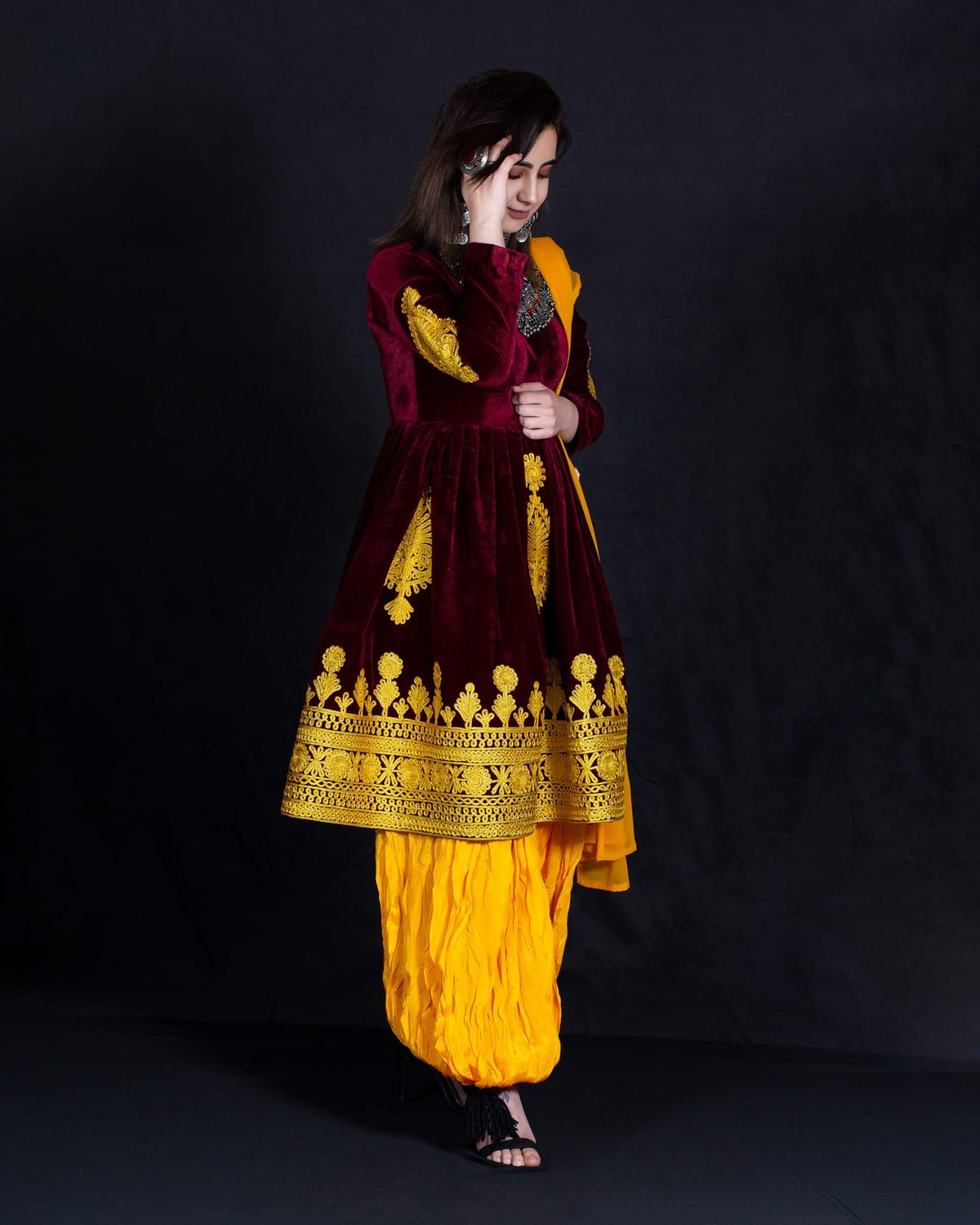 Velvet Silk Dress with Embroidered Skirt & Tribal Pants 3