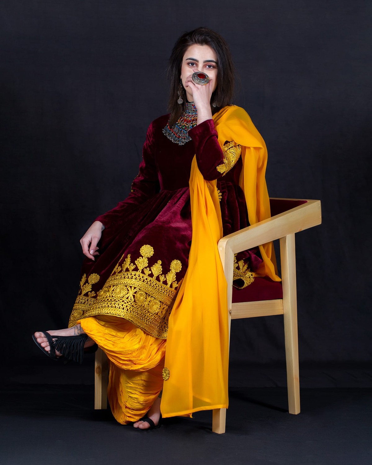 Velvet Silk Dress with Embroidered Skirt & Tribal Pants 1