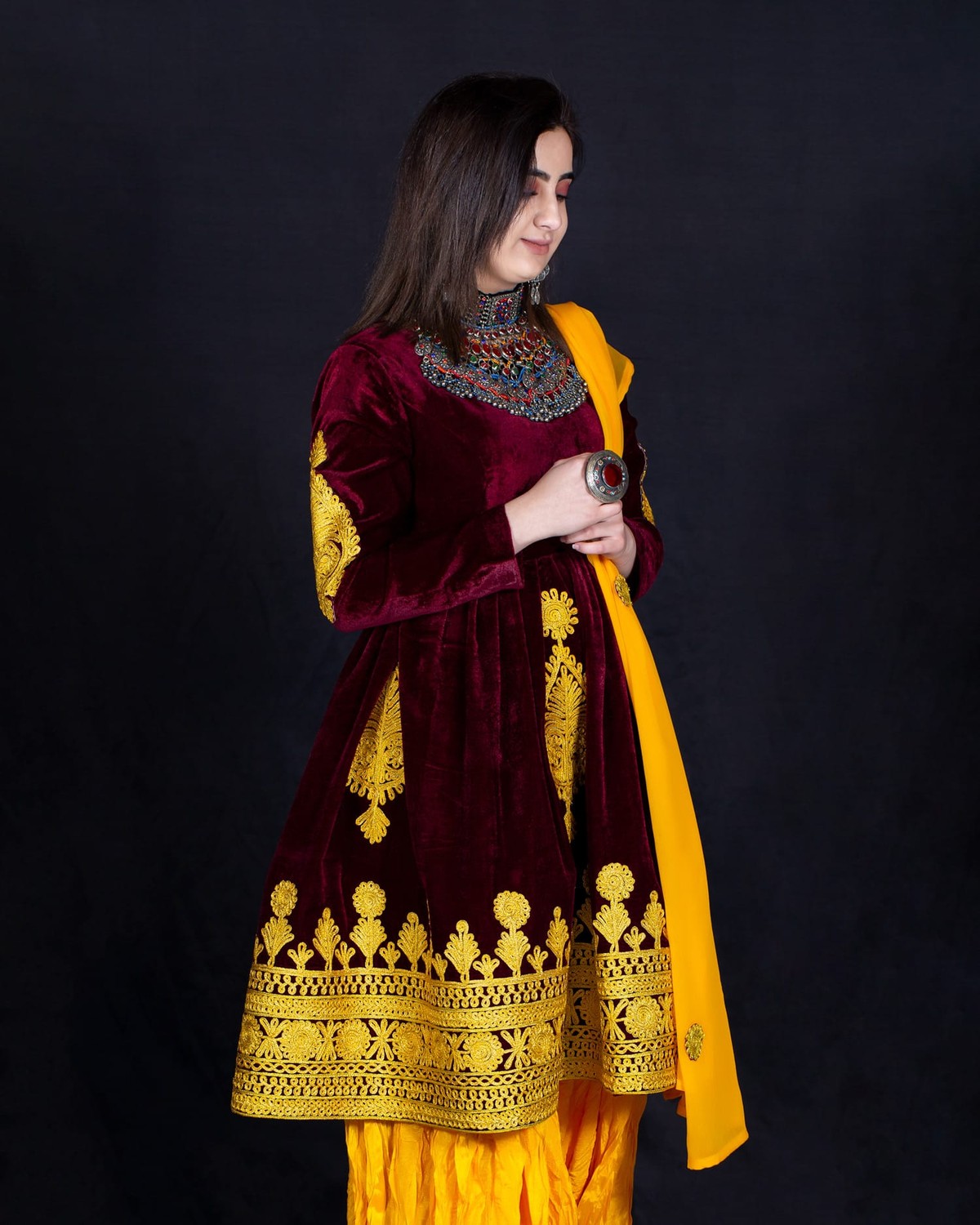 Velvet Silk Dress with Embroidered Skirt & Tribal Pants 7