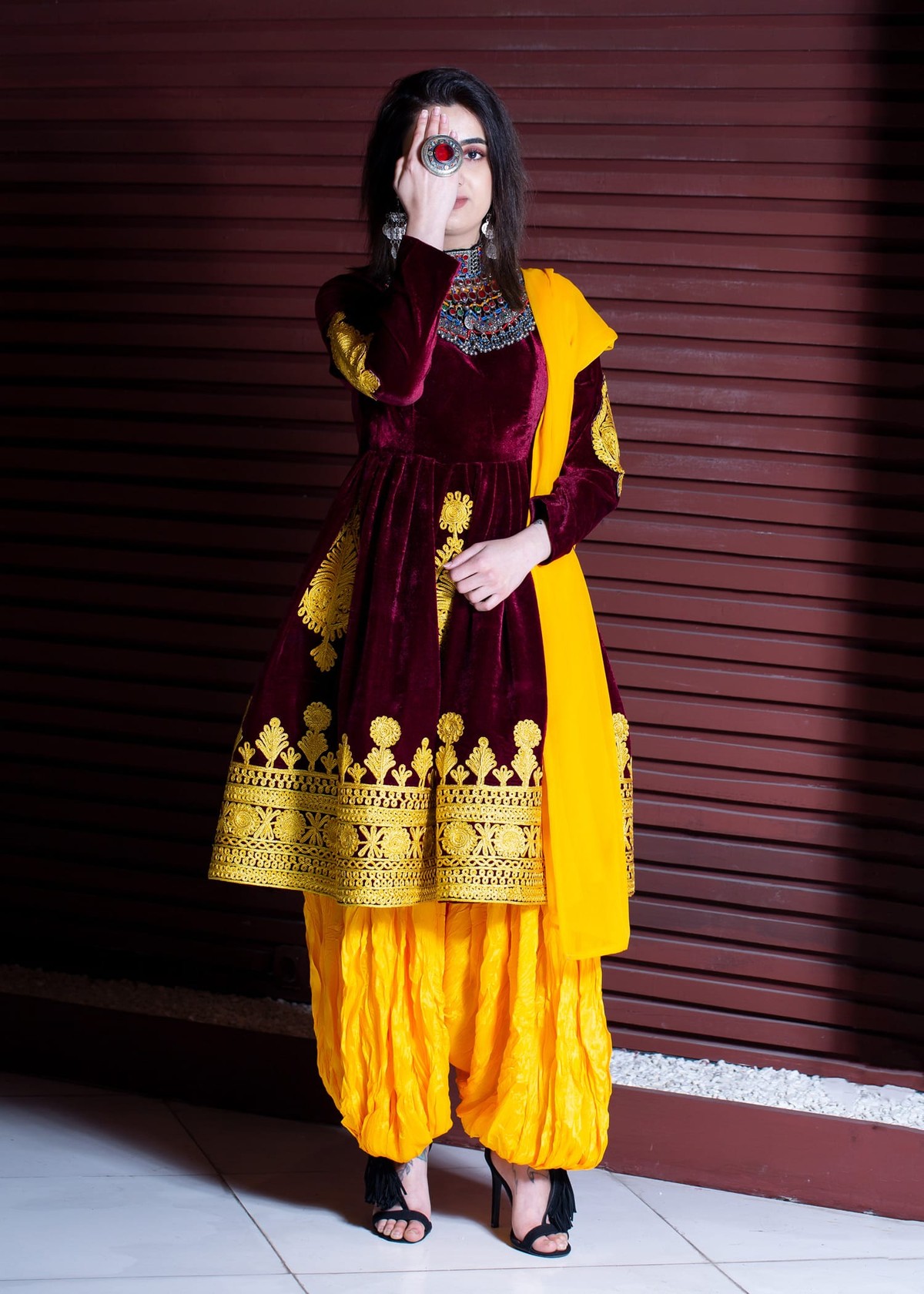Velvet Silk Dress with Embroidered Skirt & Tribal Pants 2