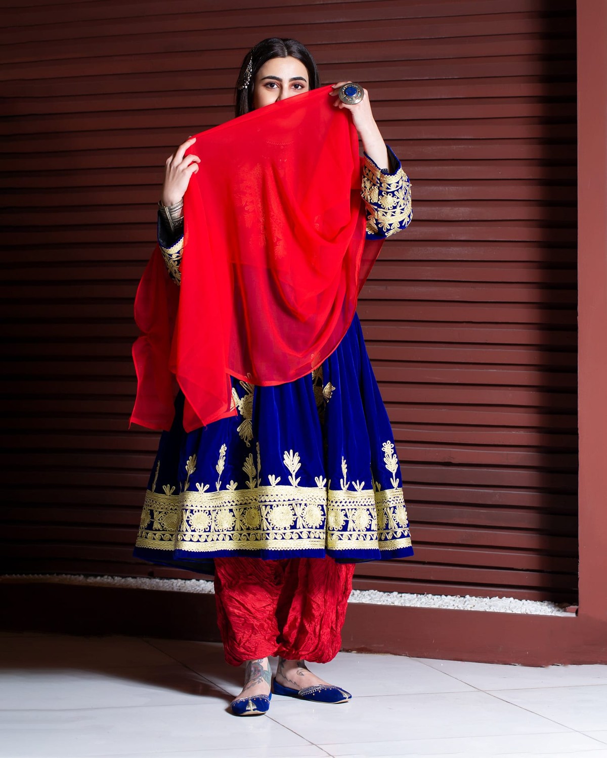 Traditional Velvet Silk Dress with Embroidered Sleeves and Skirt Full Set 3