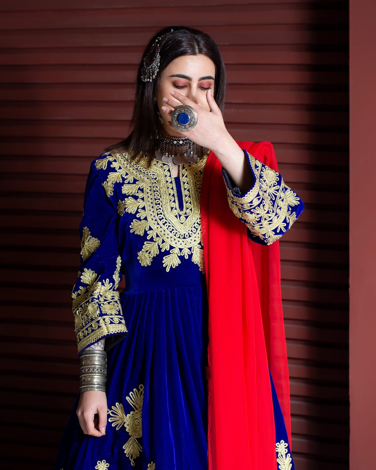 Traditional Velvet Silk Dress with Embroidered Sleeves and Skirt Full Set 1