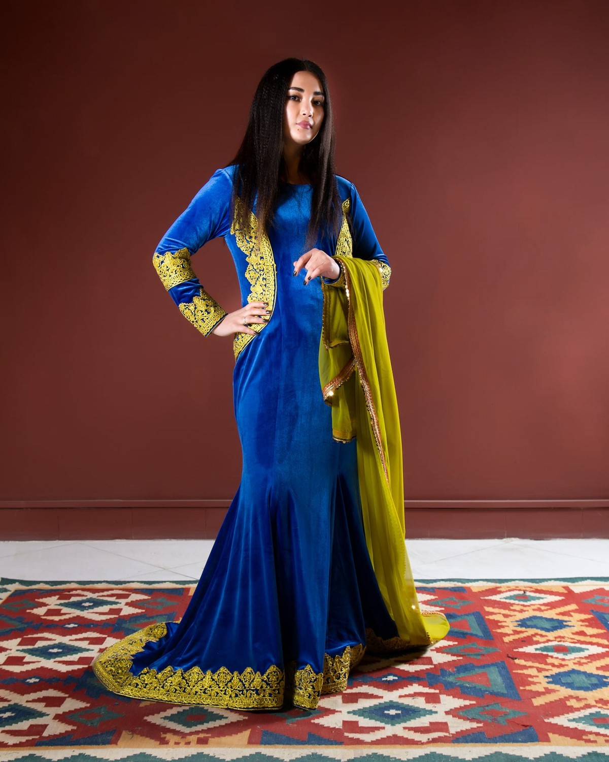 Velvet Dress with Hand Embroidery and Matching Chador (Shawl) 3