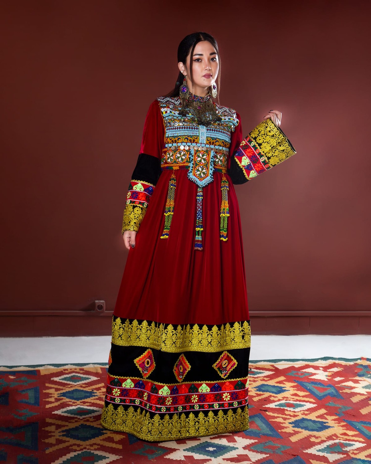 Afghan Dress with Kuchi Design, Velvet Fabric, and Hand Embroidered Yakhun  | Aseel