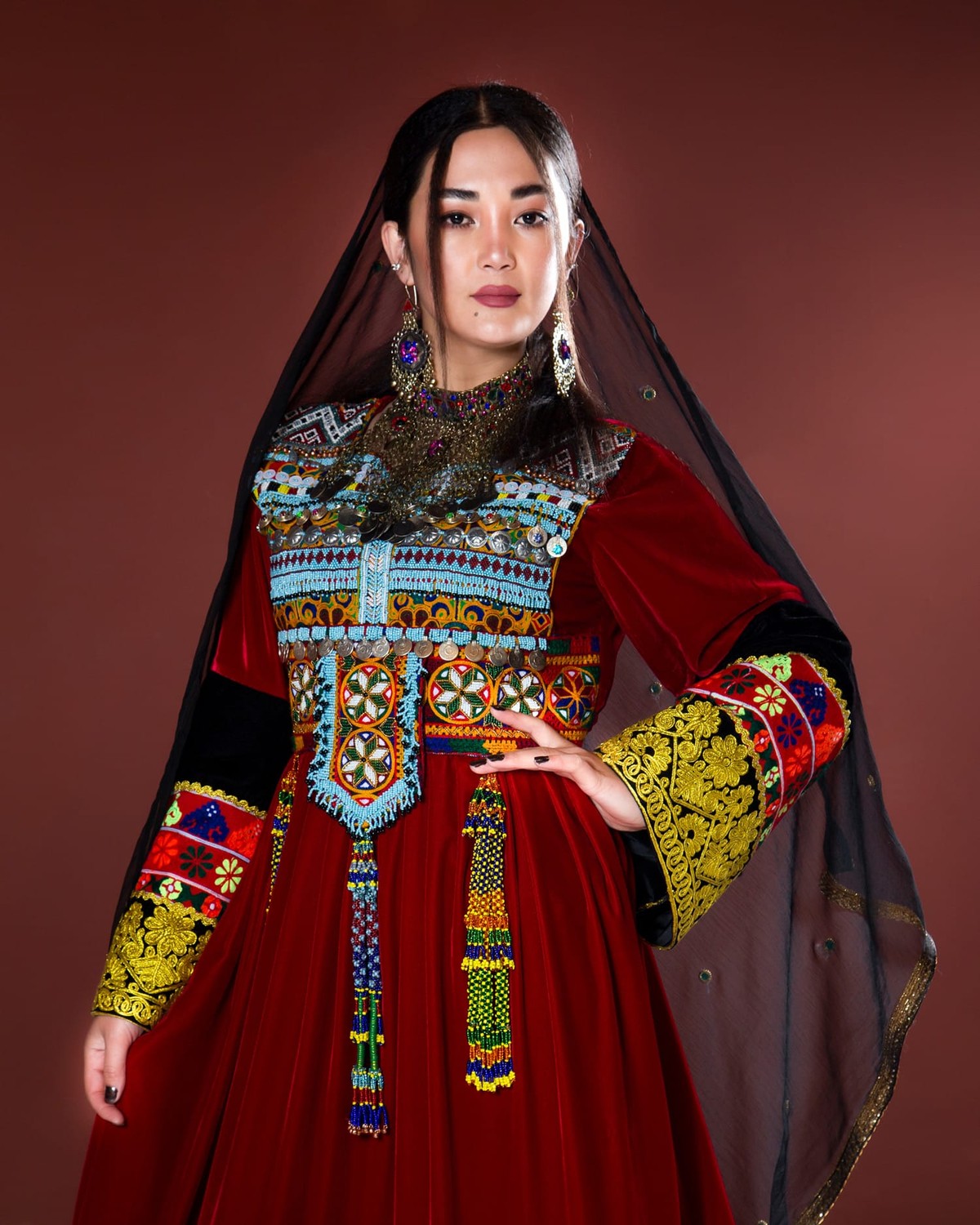 Afghan Dress with Kuchi Design, Velvet Fabric, and Hand Embroidered Yakhun 3