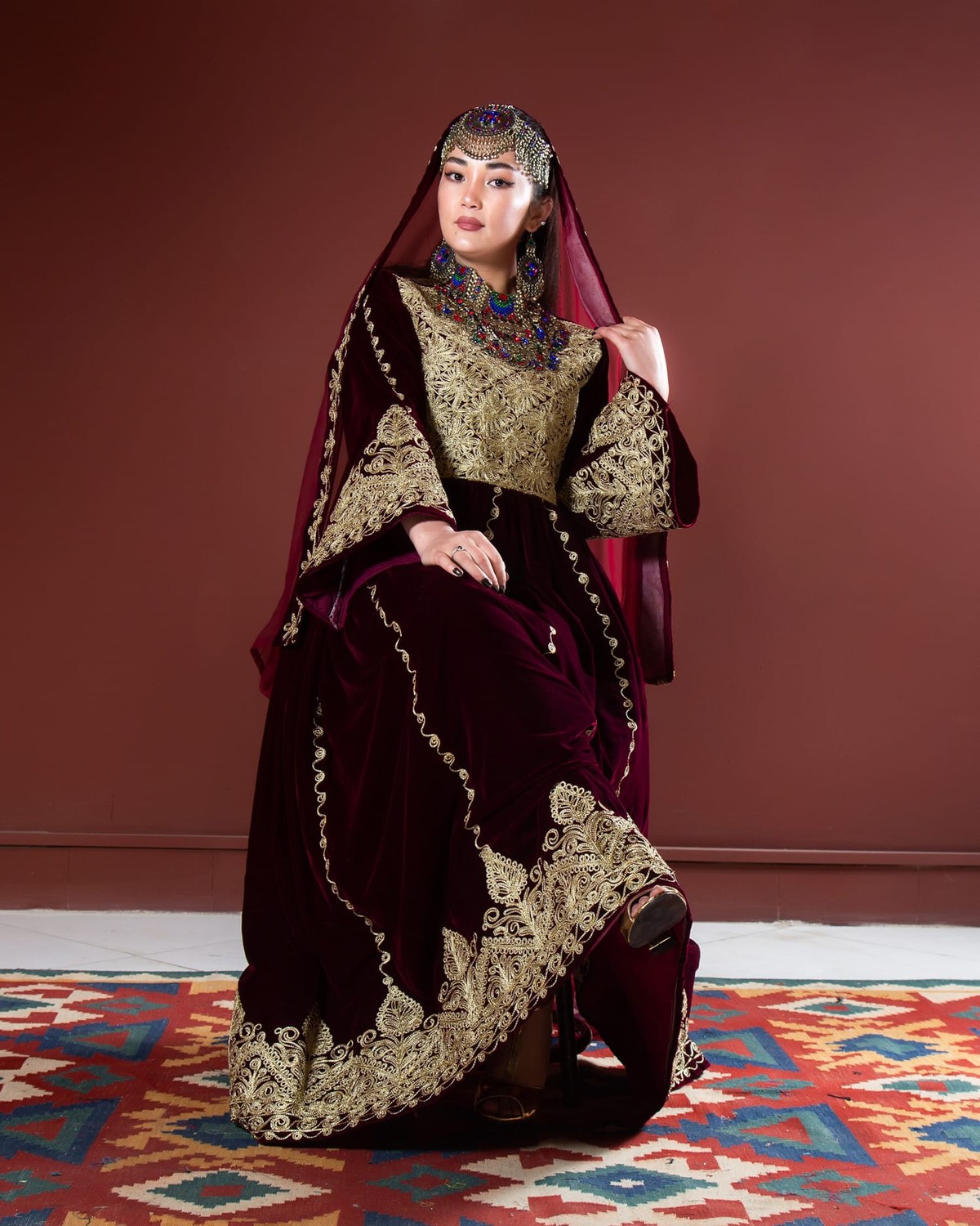 Velvet Afghan Dress Embroidery and Matching Shawl 1