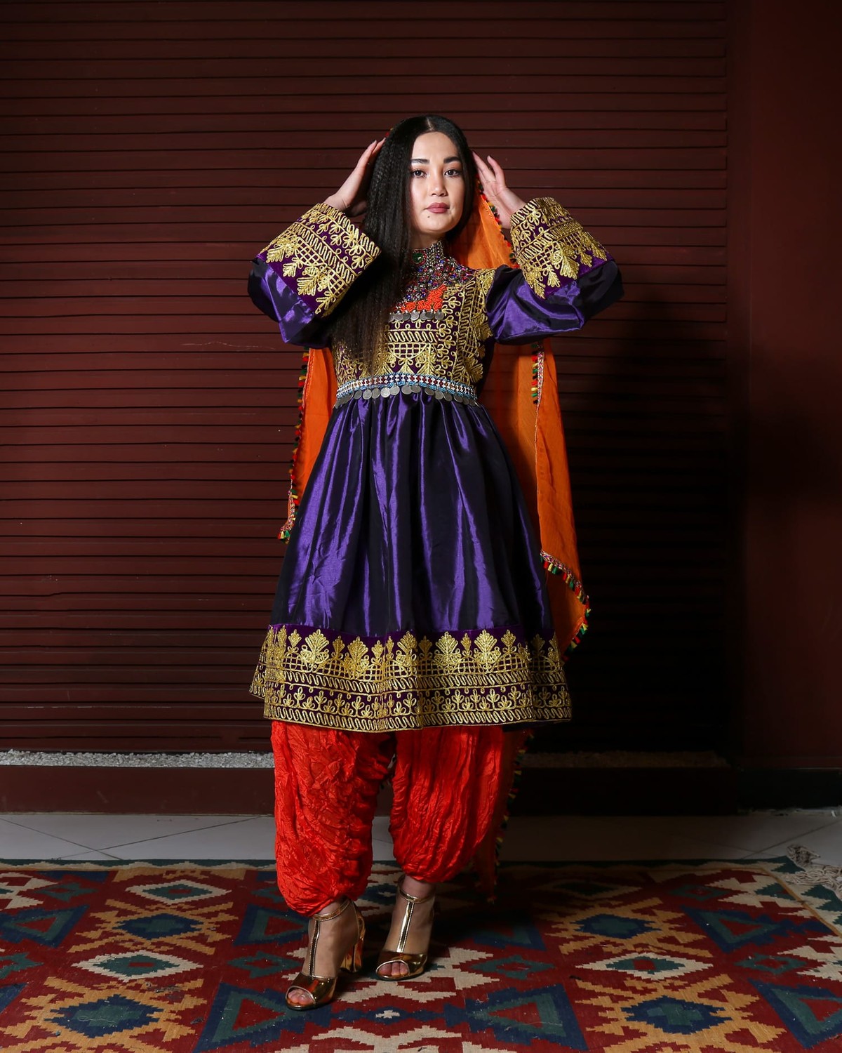 Traditional Afghan Short Embroidered Dress with Chadar Shawl and Trousers 1
