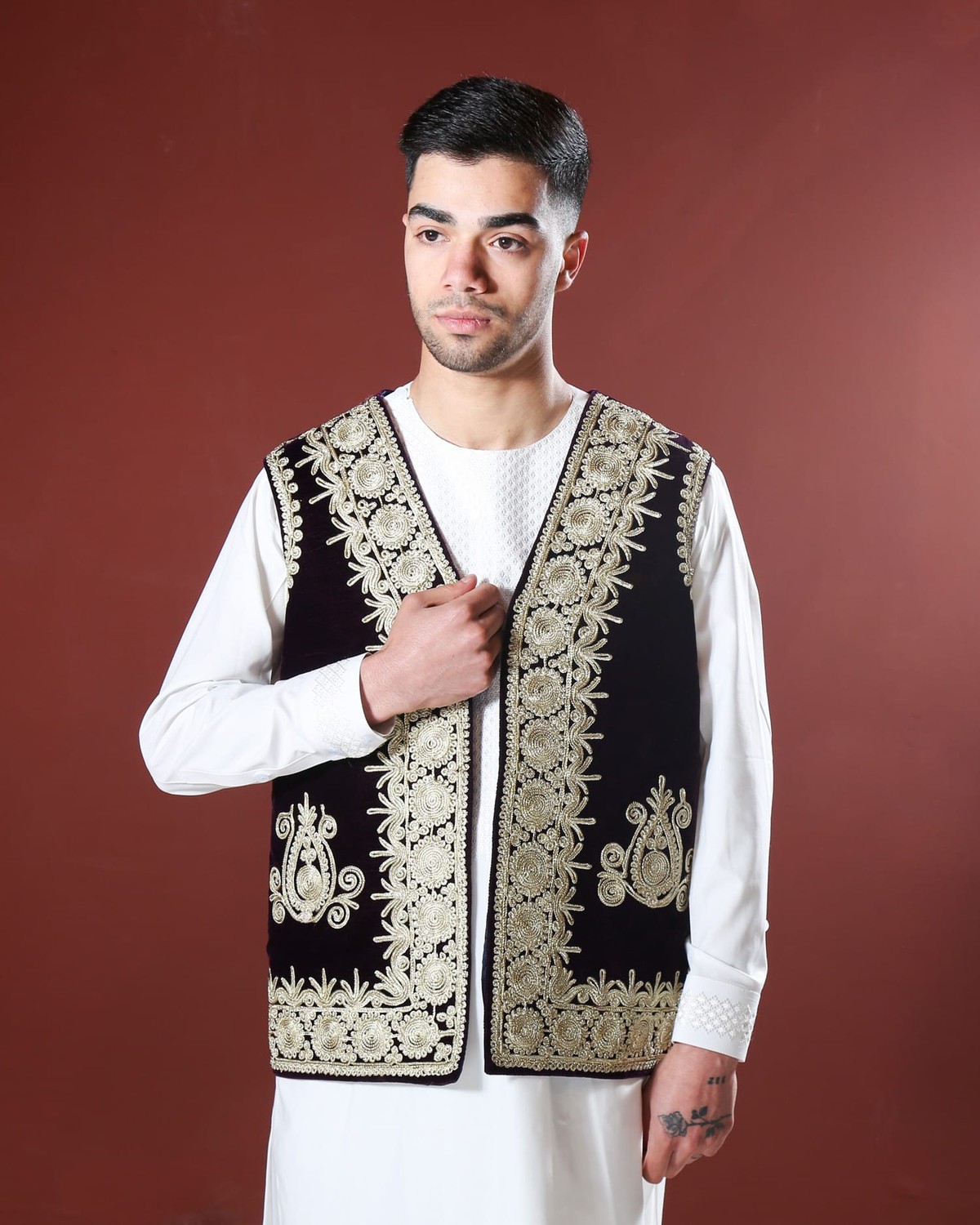 Men’s Velvet Waistcoat with Silver Hand Embroidery 1