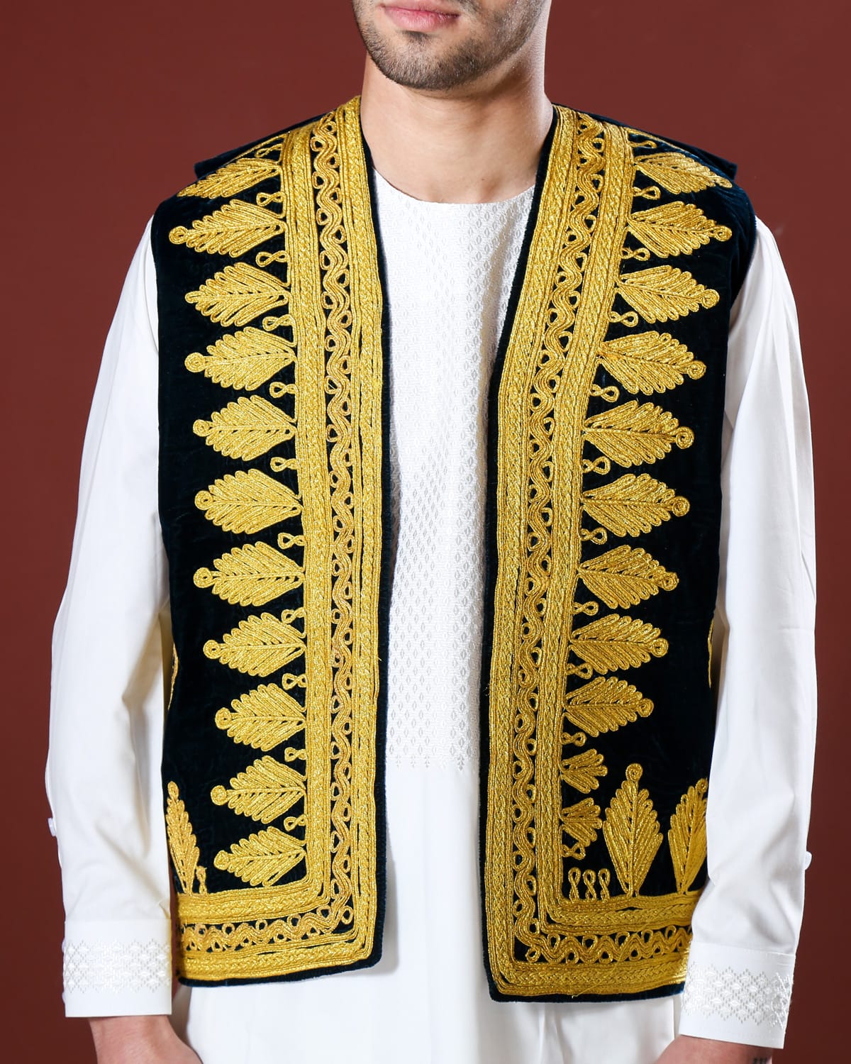 Handcrafted Afghan Velvet Waistcoat with Gold Embroidery 1