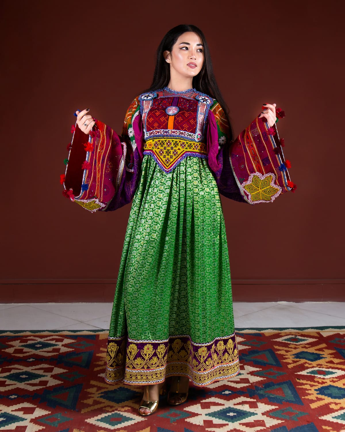 Traditional Afghan Kuchi Dress with Banarasi Fabric and Hand Embroidered Sleeves 3