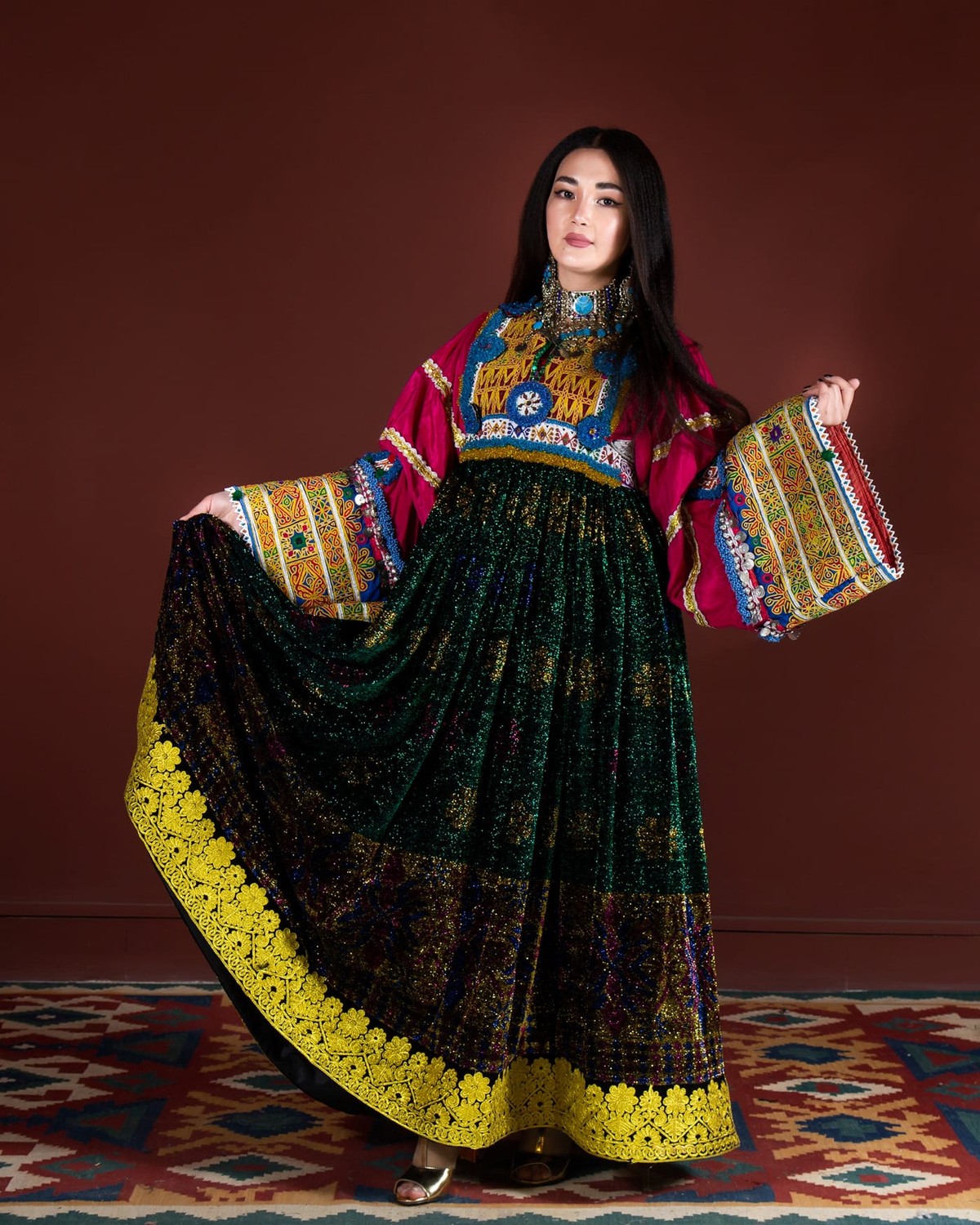 Traditional Afghan Kuchi Dress with Hand Embroidered Yakhun and Mureh Design  | Aseel