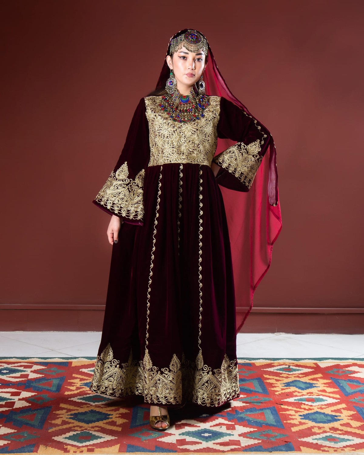 Velvet Afghan Dress Embroidery and Matching Shawl 3