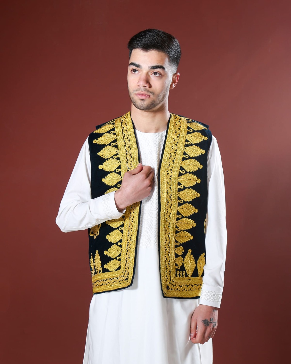 Handcrafted Afghan Velvet Waistcoat with Gold Embroidery 2