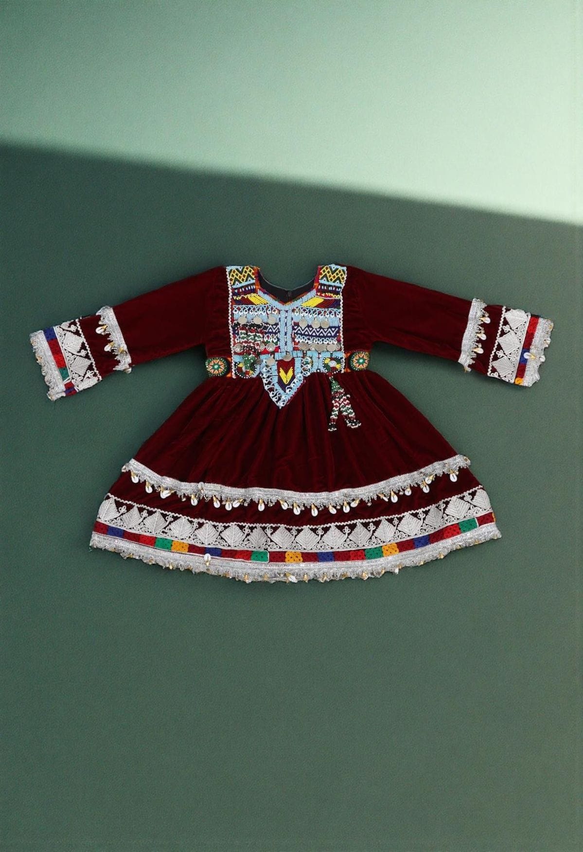 Burgundy Velvet Traditional Afghan Girl’s Dress with Colorful Embroidery and Coin Detailing 4