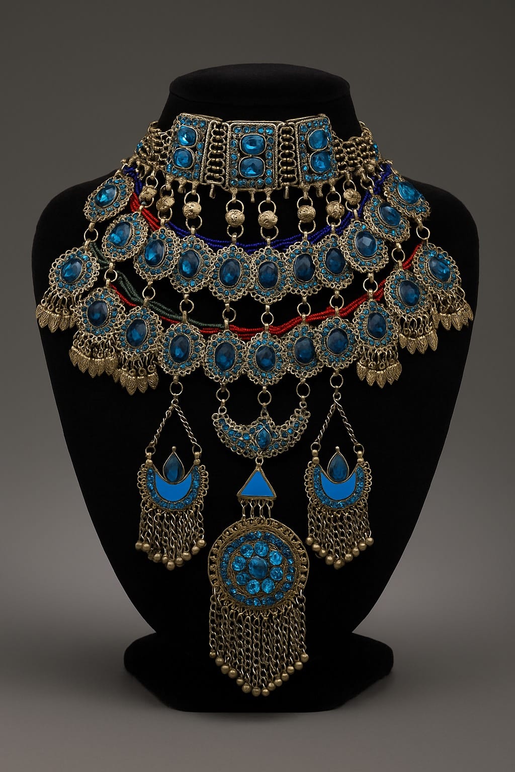 Blue Vintage Bridal Jewelry Set | Afghani Choker Necklace, Hook Earrings & Headpiece 1