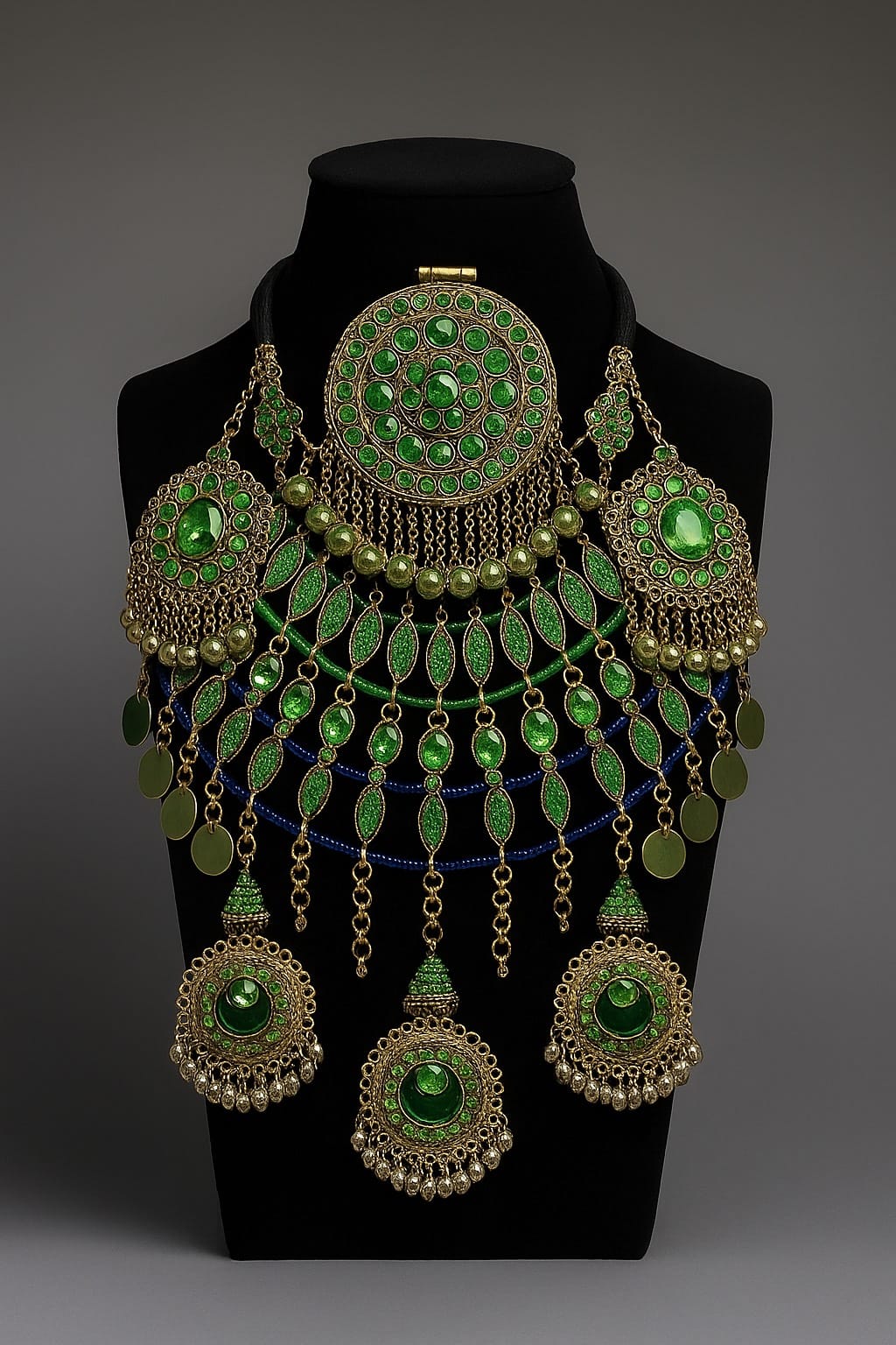 Green Vintage Bridal Jewelry Set | Afghani Choker Necklace, Hook Earrings & Headpiece 1