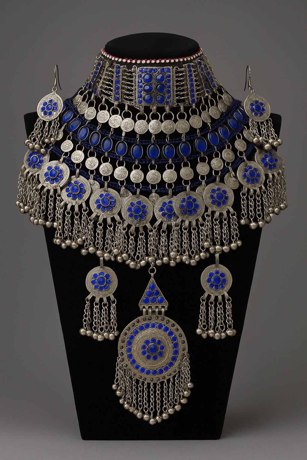 Antique Blue Stone Vintage Bridal Jewelry Set | Afghani Choker Necklace, Hook Earrings & Headpiece 1