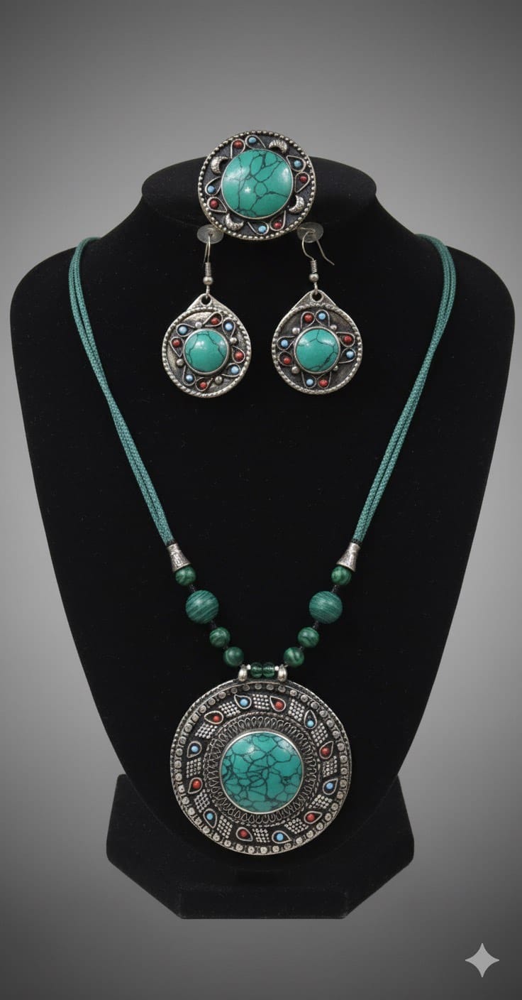 Vintage Green Turquoise Pendant|Traditional Style Necklace | Necklace, Hook Earrings 1