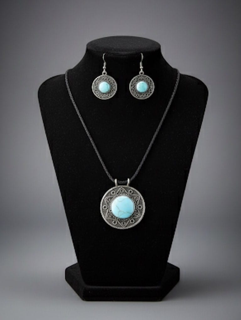 Light Blue Turquoise Pendant|Traditional Style Necklace | Necklace, Hook Earrings 1