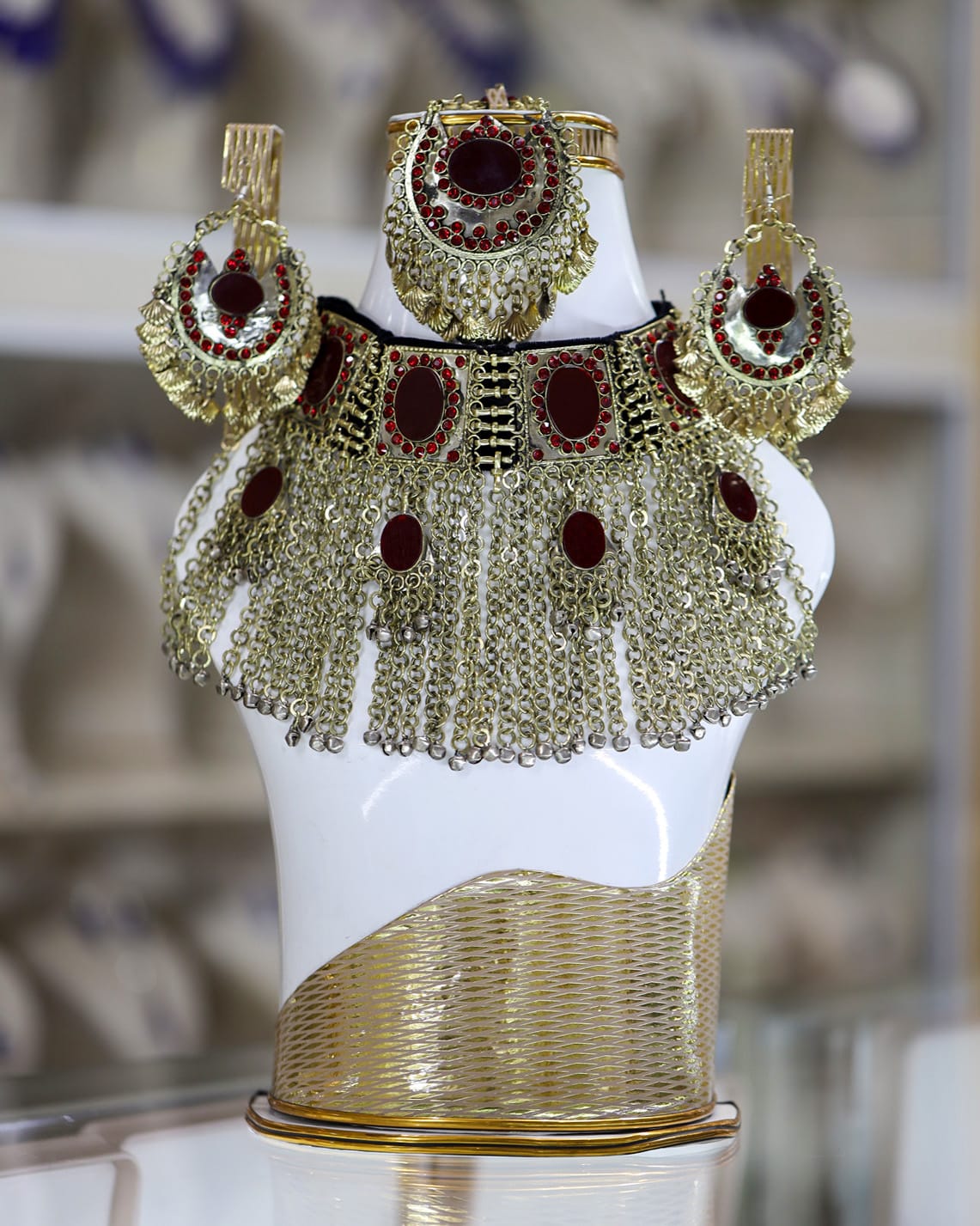 Handmade Afghan Red Jewelry Set – Traditional Bridal Necklace & Earrings in Brass 1