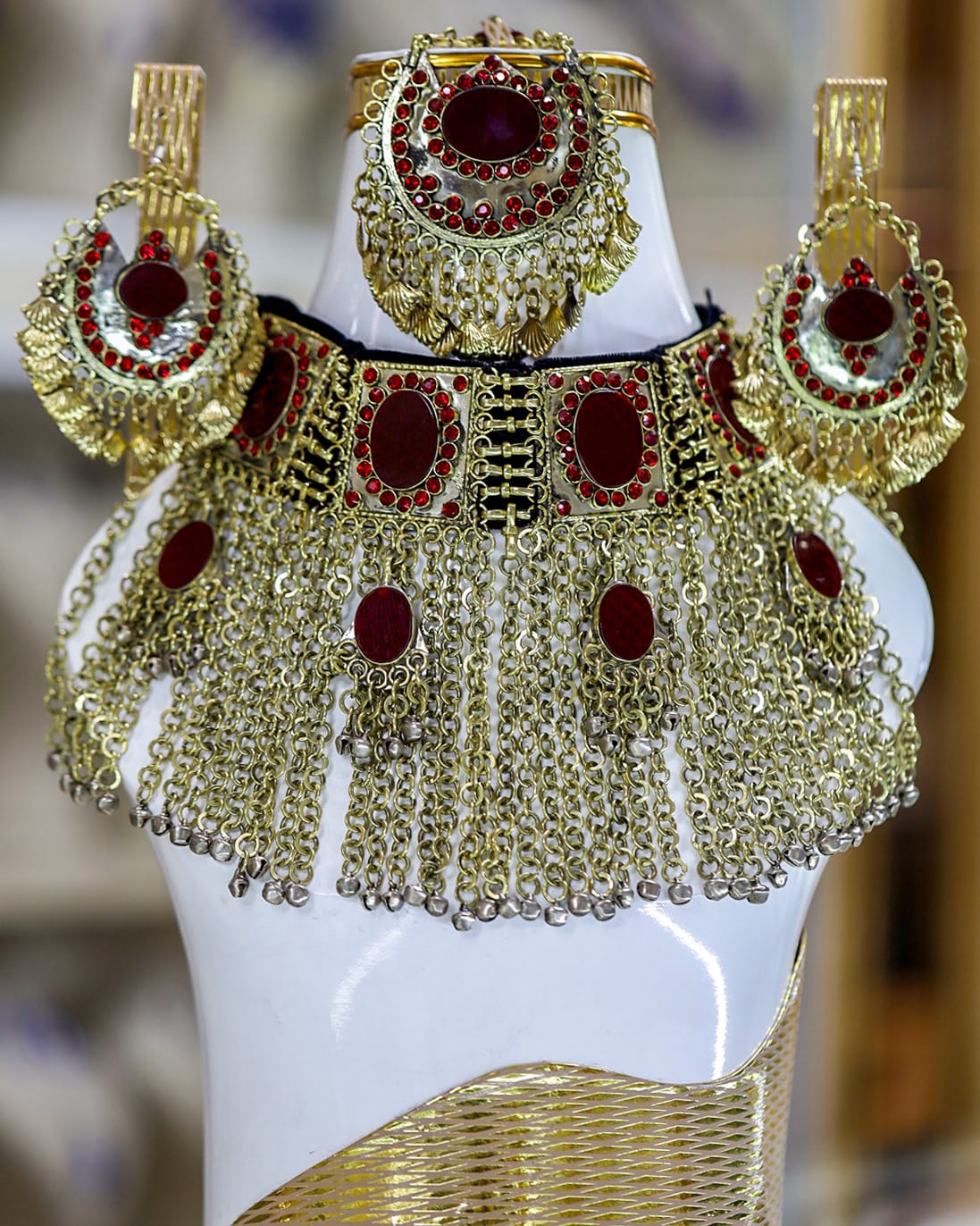 Handmade Afghan Red Jewelry Set – Traditional Bridal Necklace & Earrings in Brass 2
