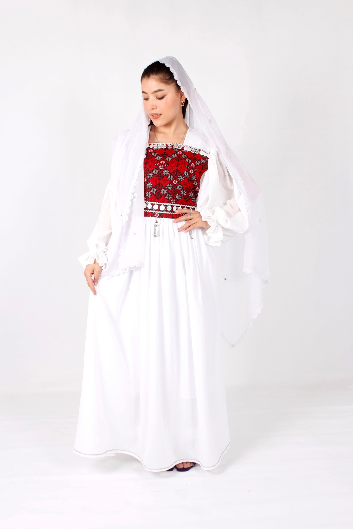 White Crepe Afghan Long Dress with Machine Embroidery & Coins 5
