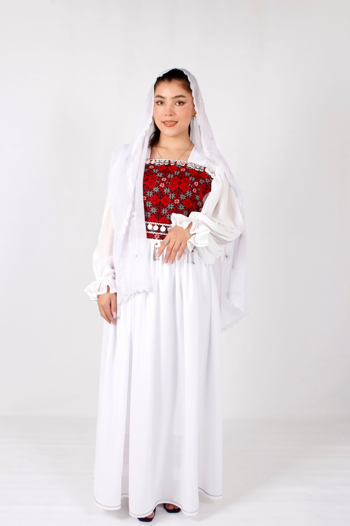 White Crepe Afghan Long Dress with Machine Embroidery & Coins 4