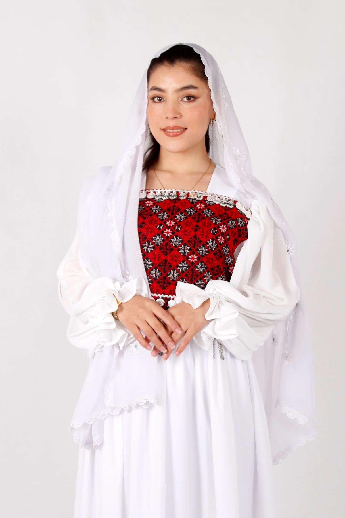 White Crepe Afghan Long Dress with Machine Embroidery & Coins 2