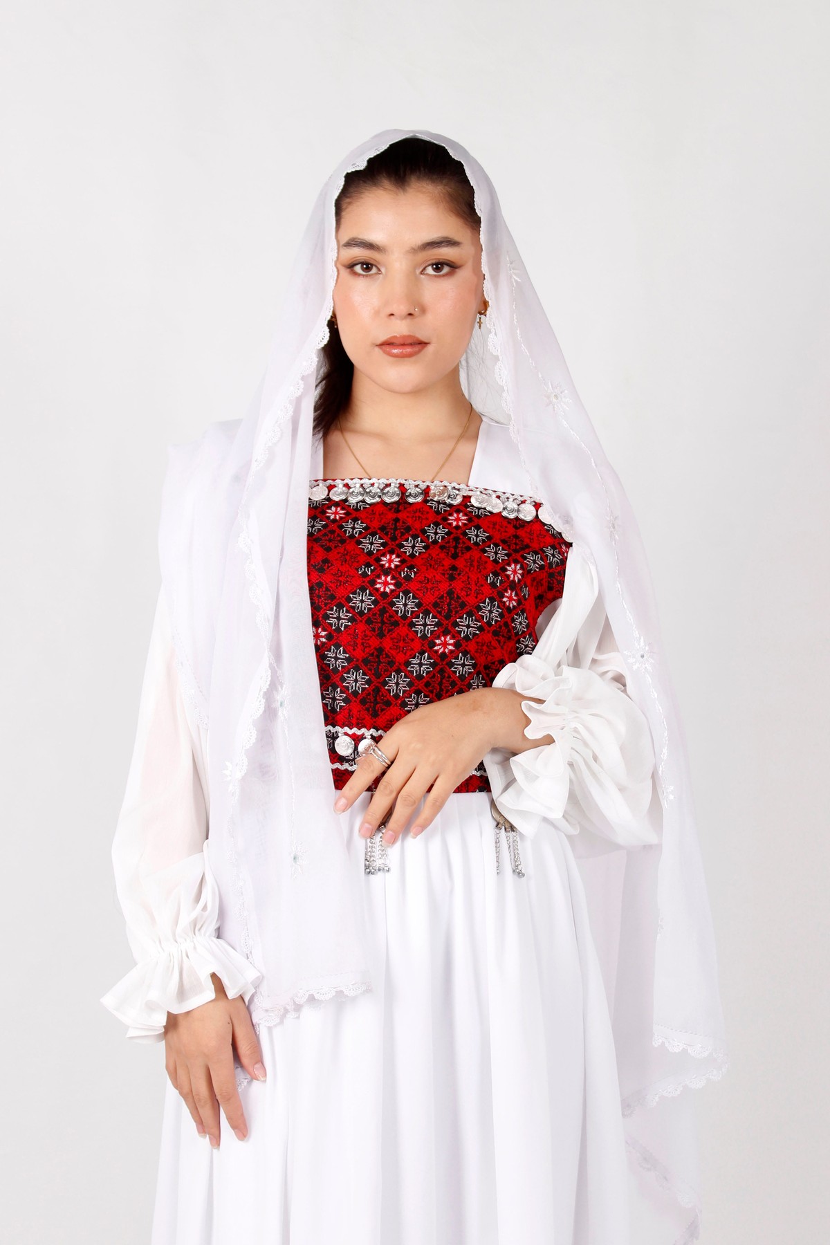 White Crepe Afghan Long Dress with Machine Embroidery & Coins 3