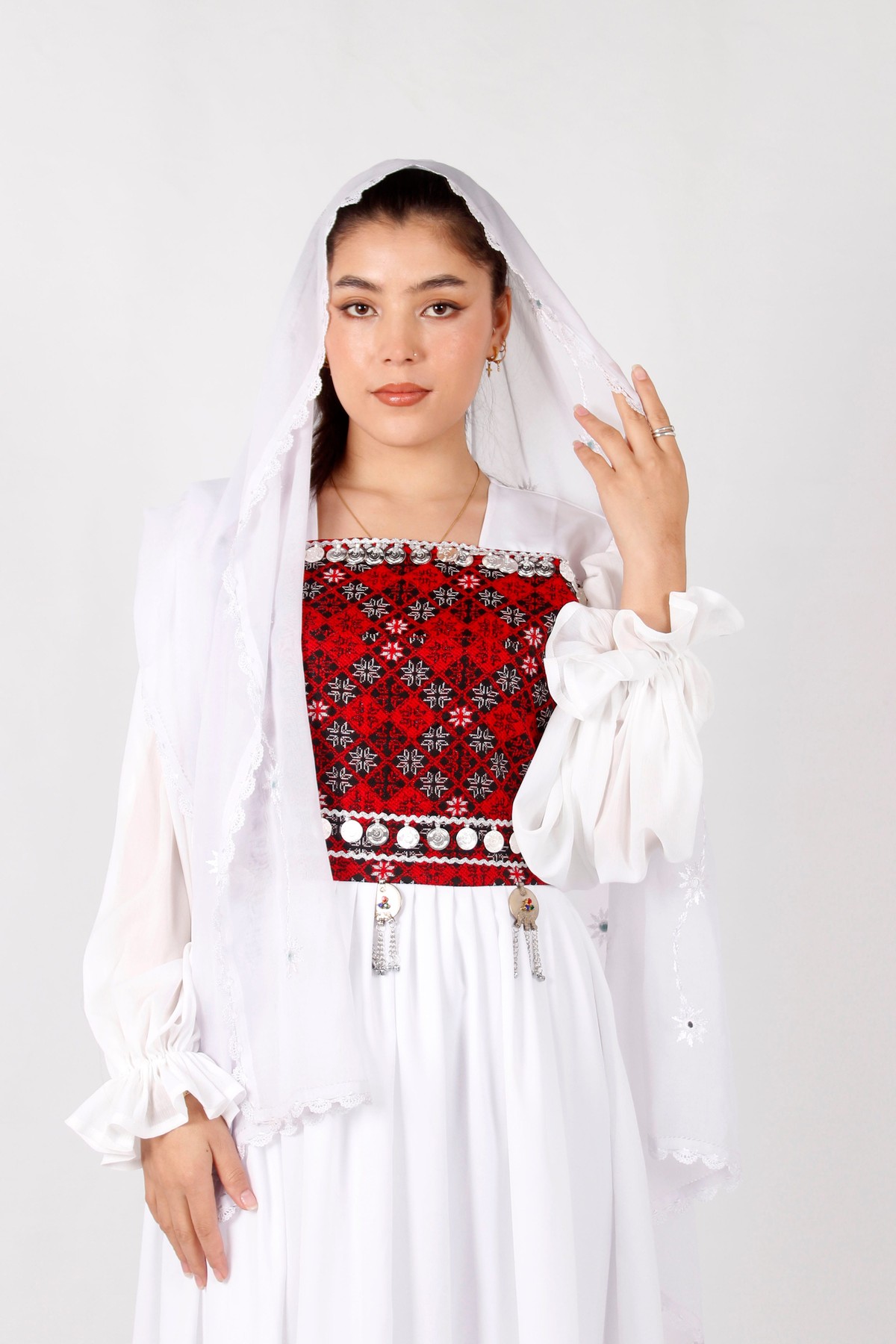 White Crepe Afghan Long Dress with Machine Embroidery & Coins 1