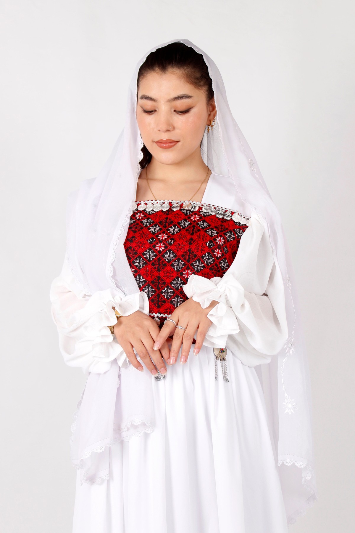 White Crepe Afghan Long Dress with Machine Embroidery & Coins 6