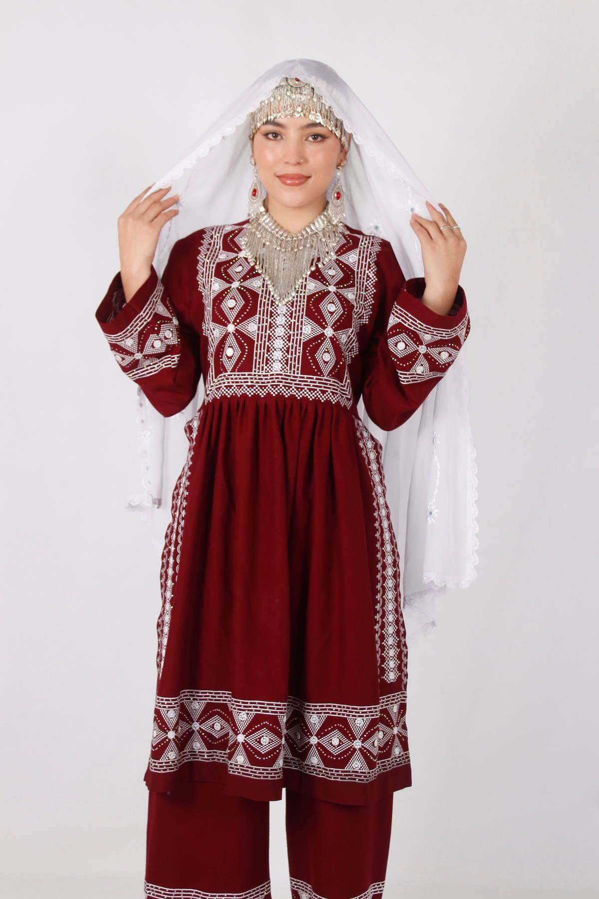 New Hazaragi Cotton Embroidered Outfit Set with Mirror Work & Handmade Shawl 5