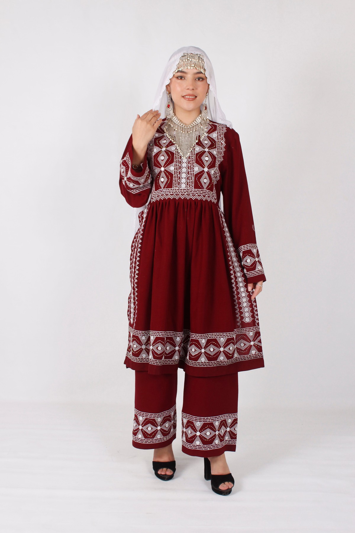 New Hazaragi Cotton Embroidered Outfit Set with Mirror Work & Handmade Shawl 3