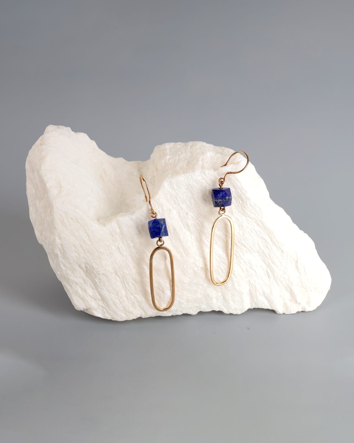 Lapis Lazuli Cube & Brass Oval Earrings 3