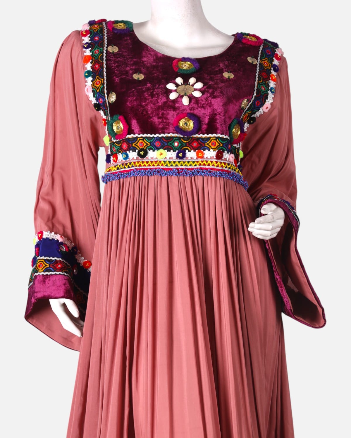 Afghan Traditional Embroidered Dress Pink and Maroon 1