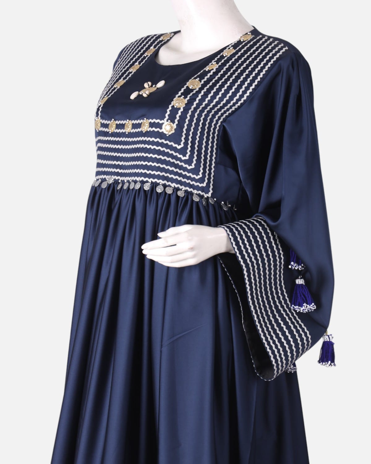 Handmade Satin Dress Navy Blue with Colorful Floral Embroidery 4