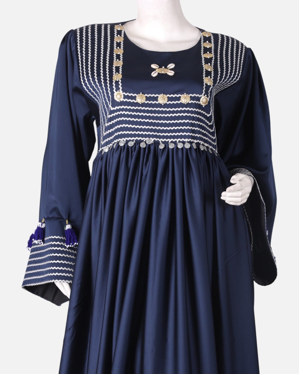 Handmade Satin Dress Navy Blue with Colorful Floral Embroidery 1