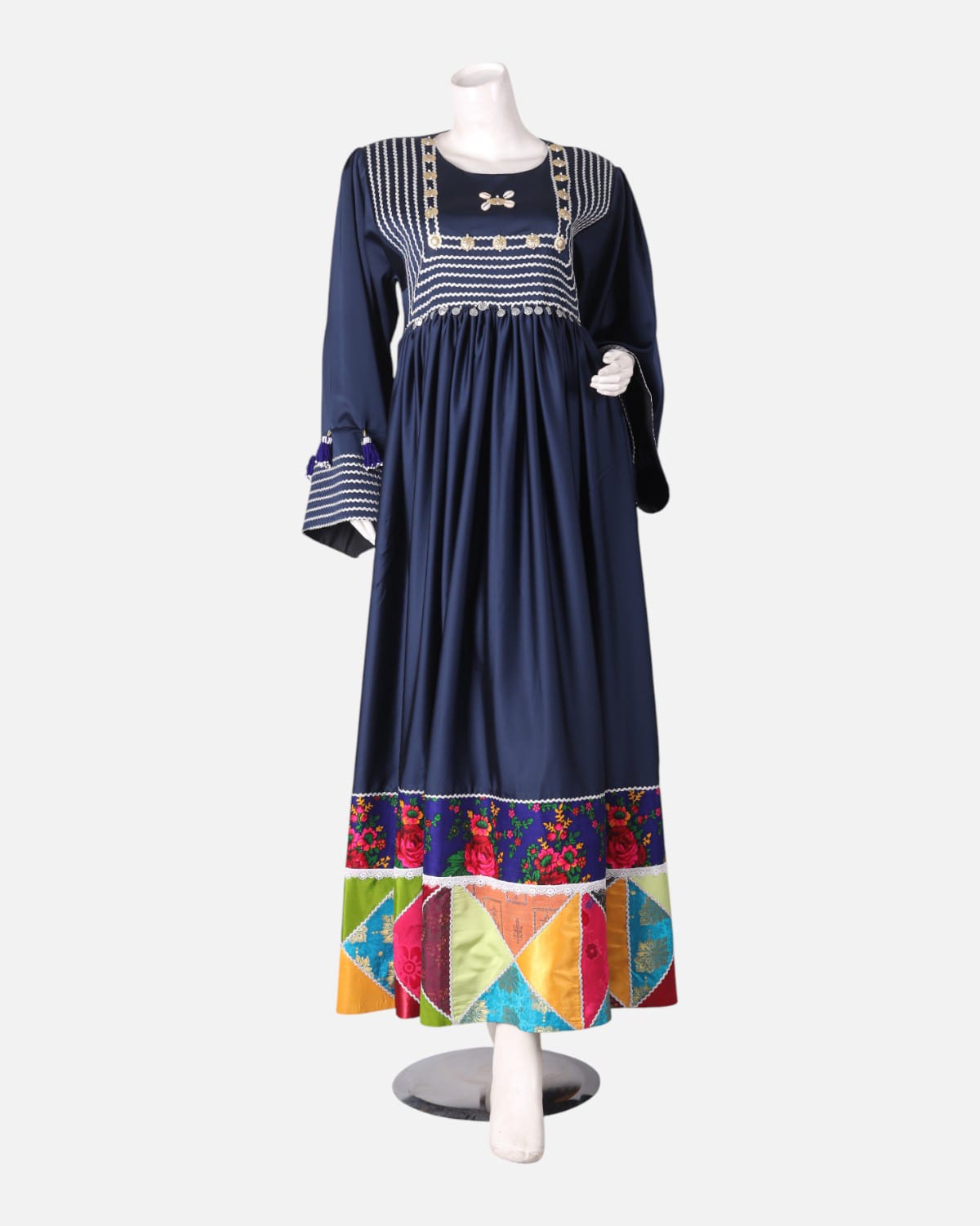 Handmade Satin Dress Navy Blue with Colorful Floral Embroidery 2
