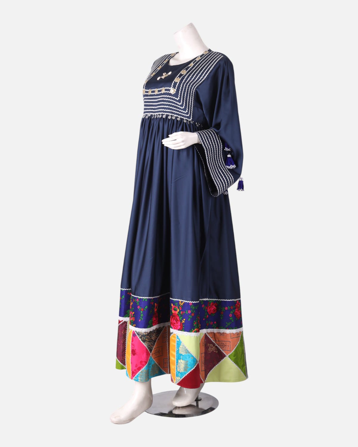 Handmade Satin Dress Navy Blue with Colorful Floral Embroidery 3