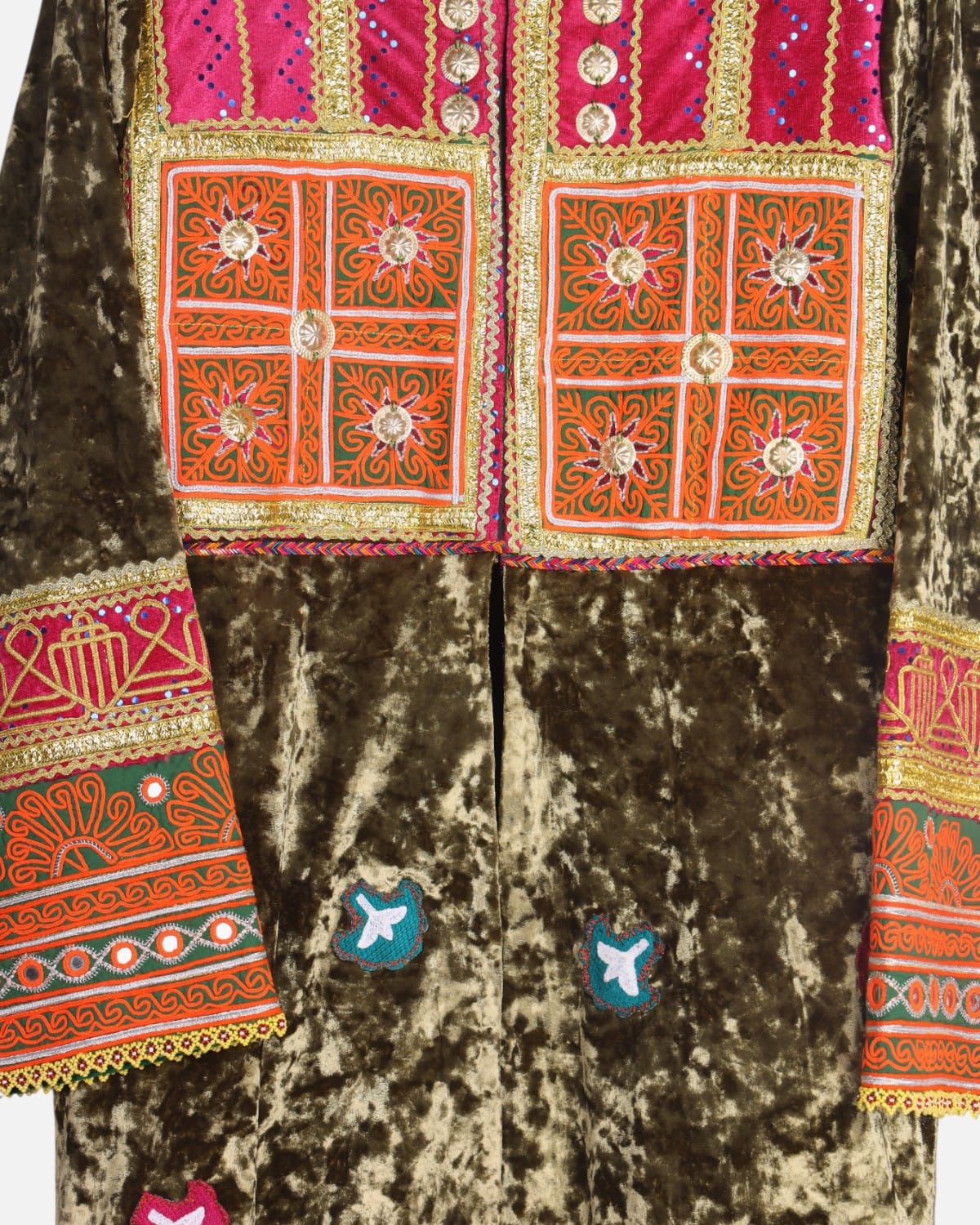 Olive Green Afghan Velvet Dress with Embroidery 1