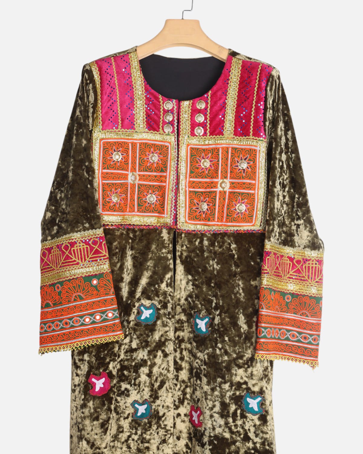 Olive Green Afghan Velvet Dress with Embroidery 2