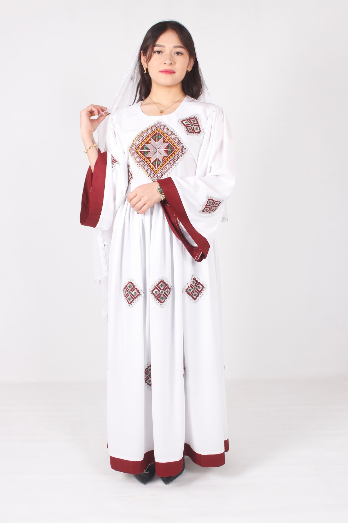 White Hazaragi Long Dress – Handcrafted Crepe Fabric 2