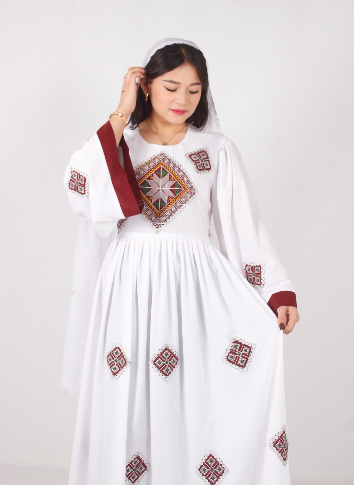 White Hazaragi Long Dress – Handcrafted Crepe Fabric 5