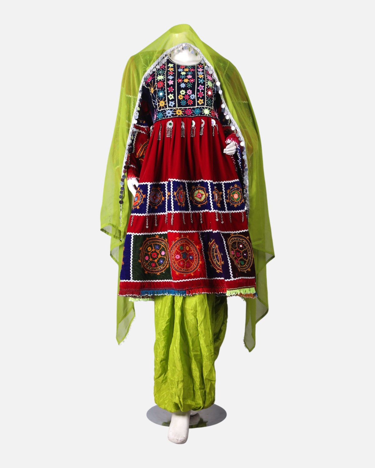 Traditional Afghan Wedding Velvet Dress with Hand Embroidery, Shawl & Shalwar 3