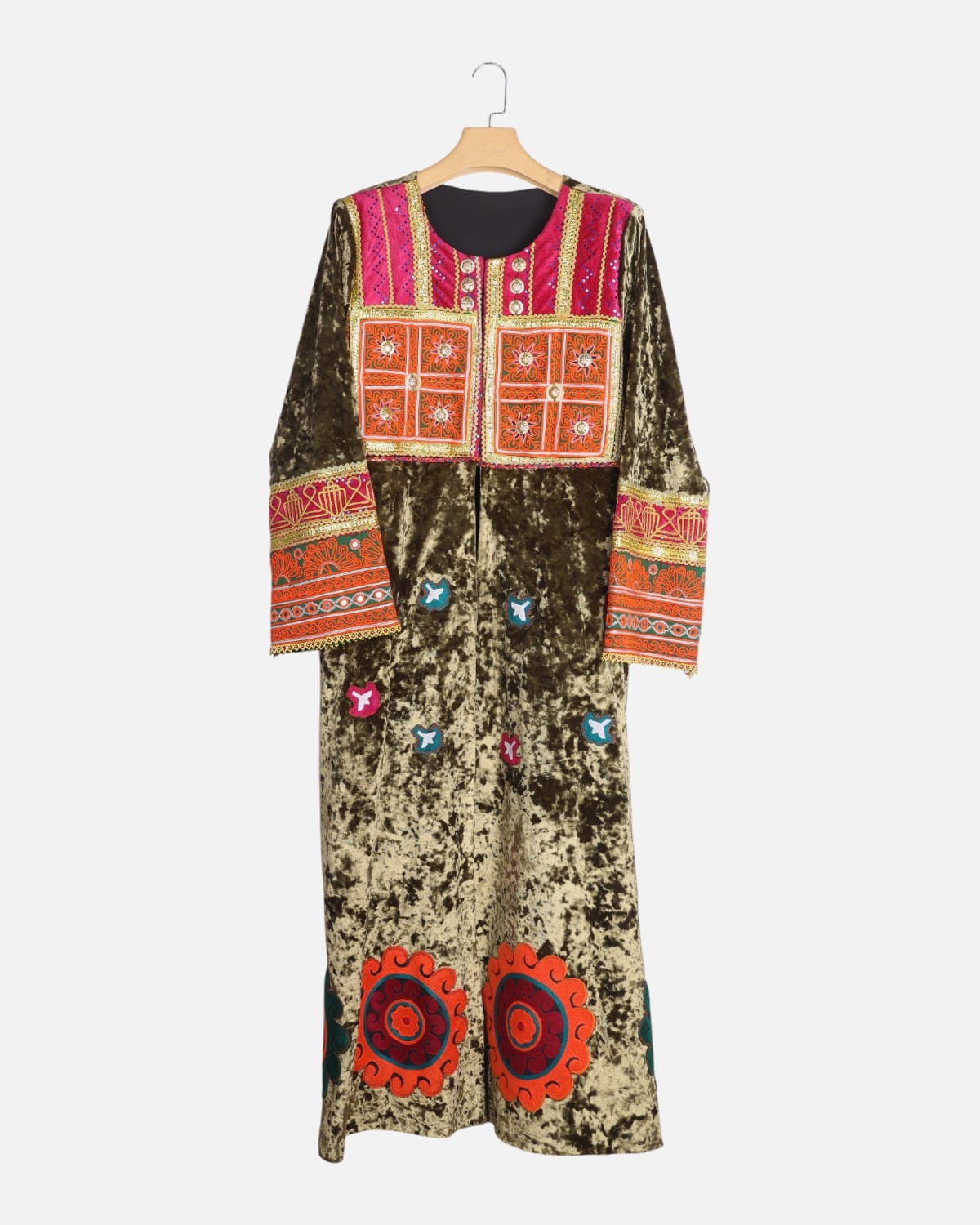 Olive Green Afghan Velvet Dress with Embroidery 4