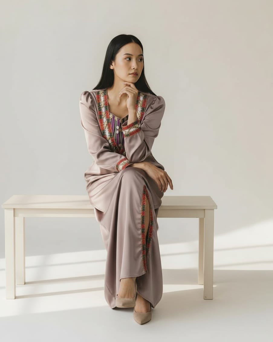 Embroidered Satin long Dress 9
