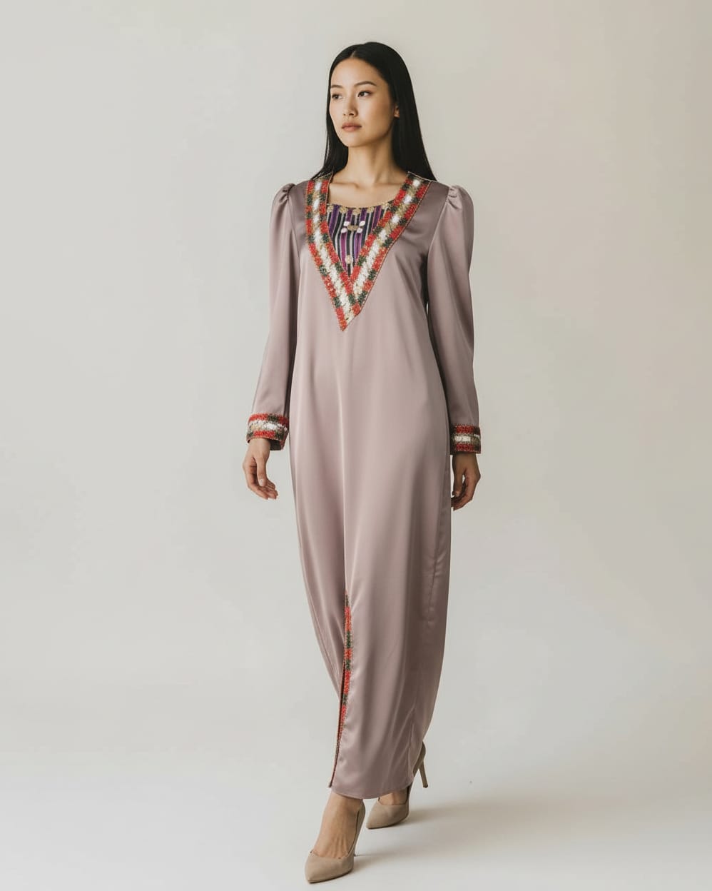 Embroidered Satin long Dress 4