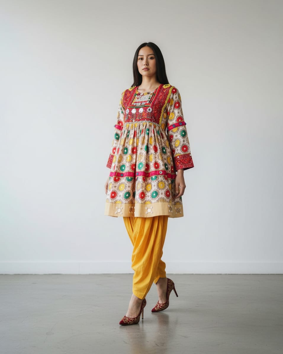 Afghan Embroidered Dress with Yellow Pants 2-piece 3