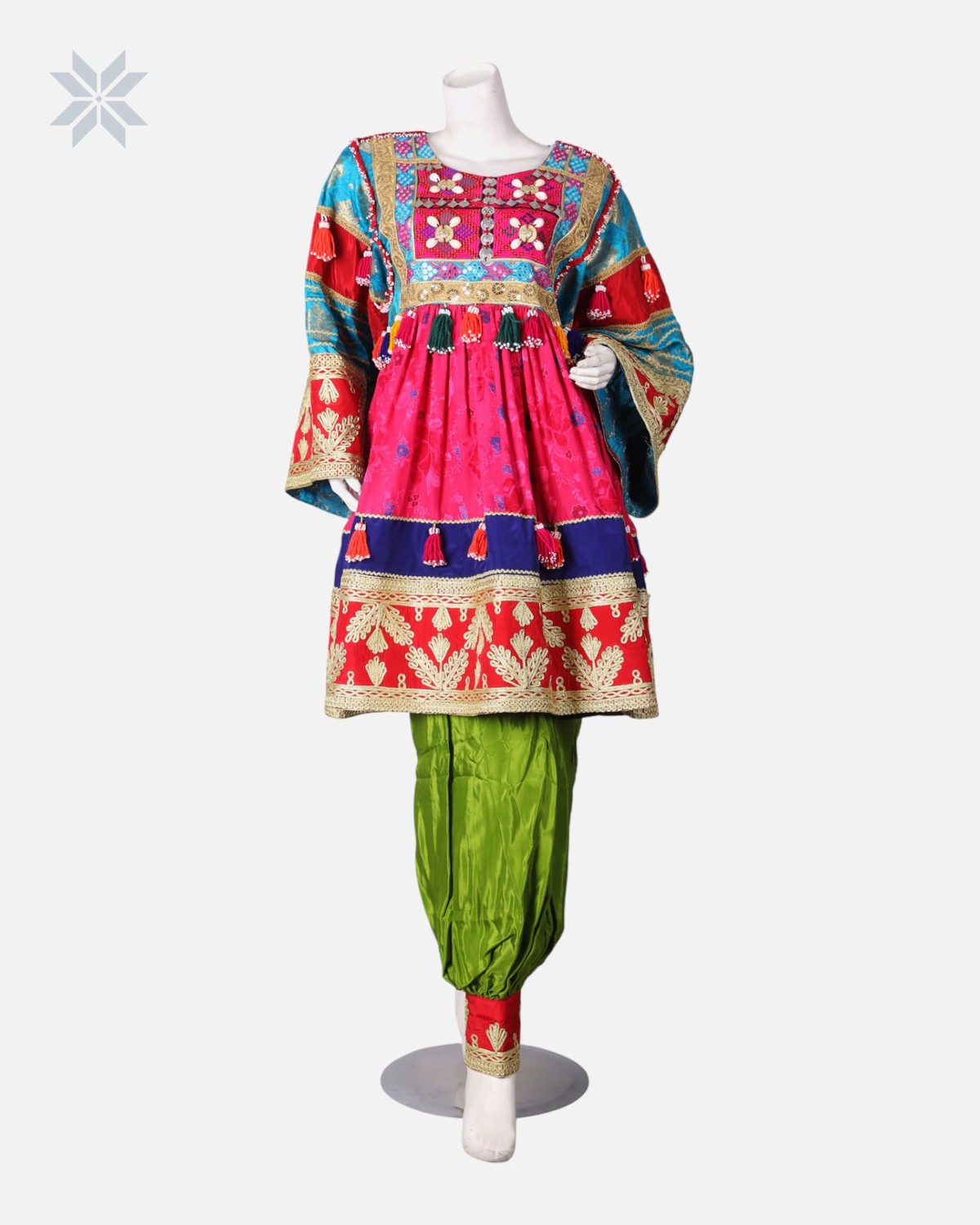 Afghan Embroidered Dress with Green Pants 1